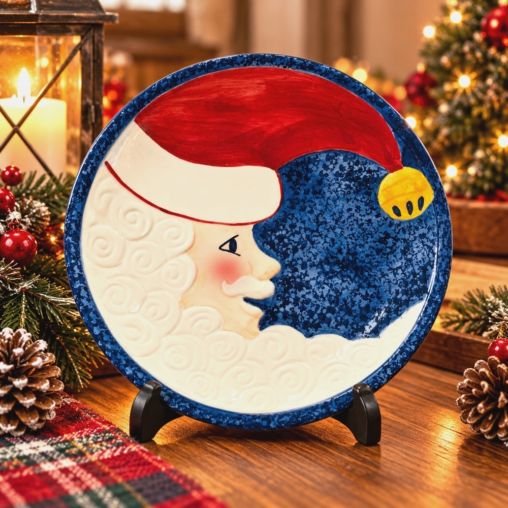 Cardinal Star Filled Nights Santa Dessert Plate Ceramic Christmas Decor VG